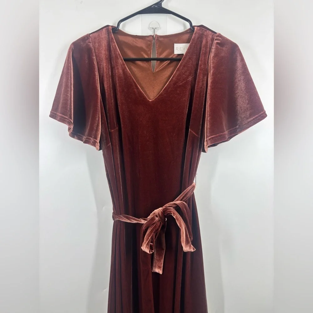 NWOT Revelry Reese Velvet Belted Ruffle‎ Sleeve Dress Terracotta Orange Brown XS